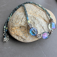 Chunky wood necklace with purple glass beads